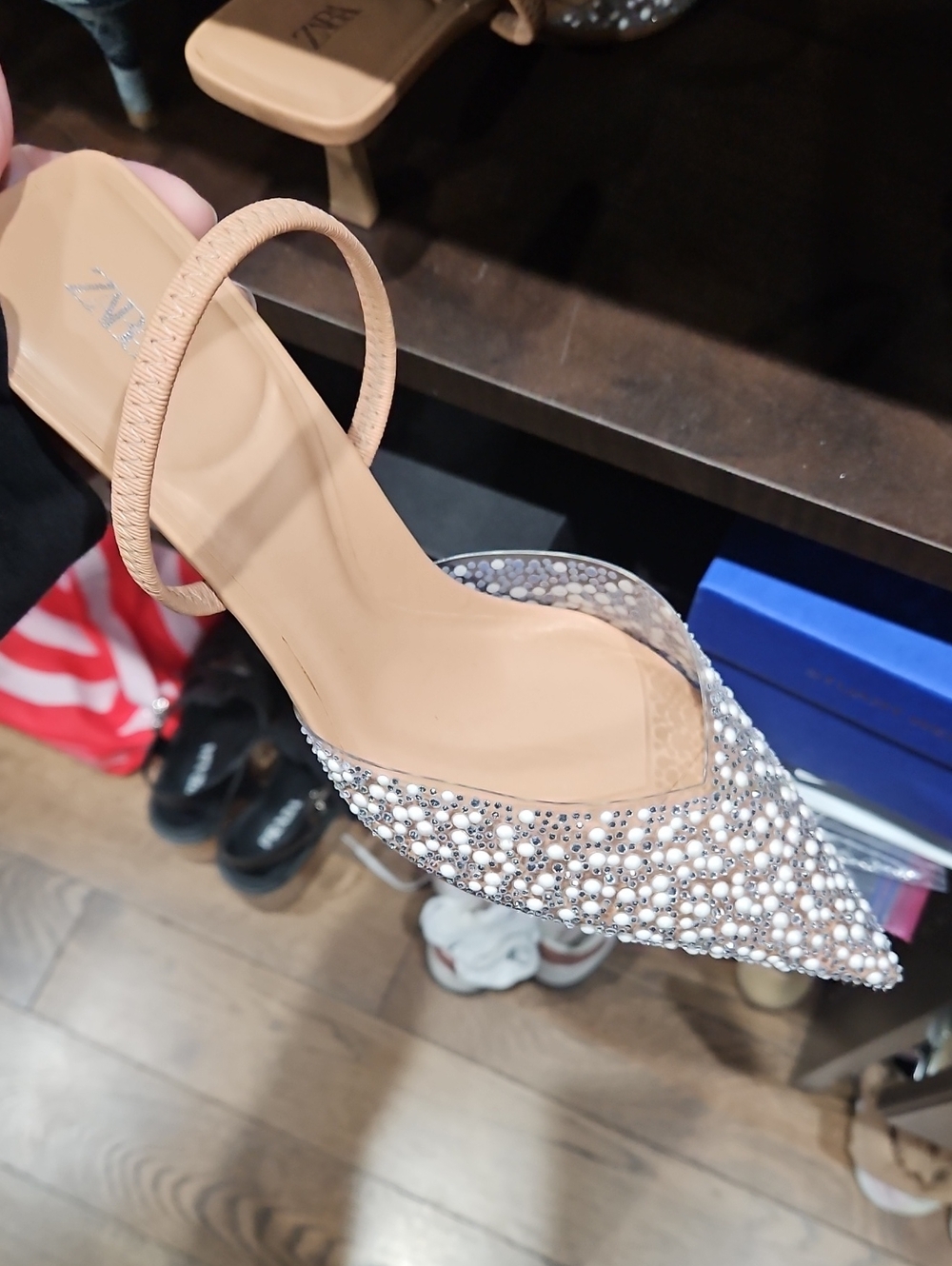 Zara Beige Pearl & Crystal Embellished Pointed Toe Mule